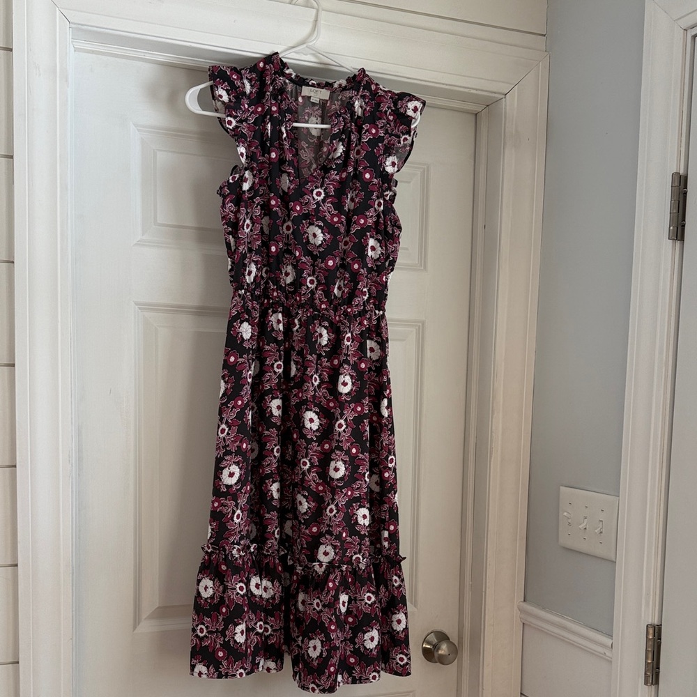 LOFT Black and Pink Floral Ruffle Dress